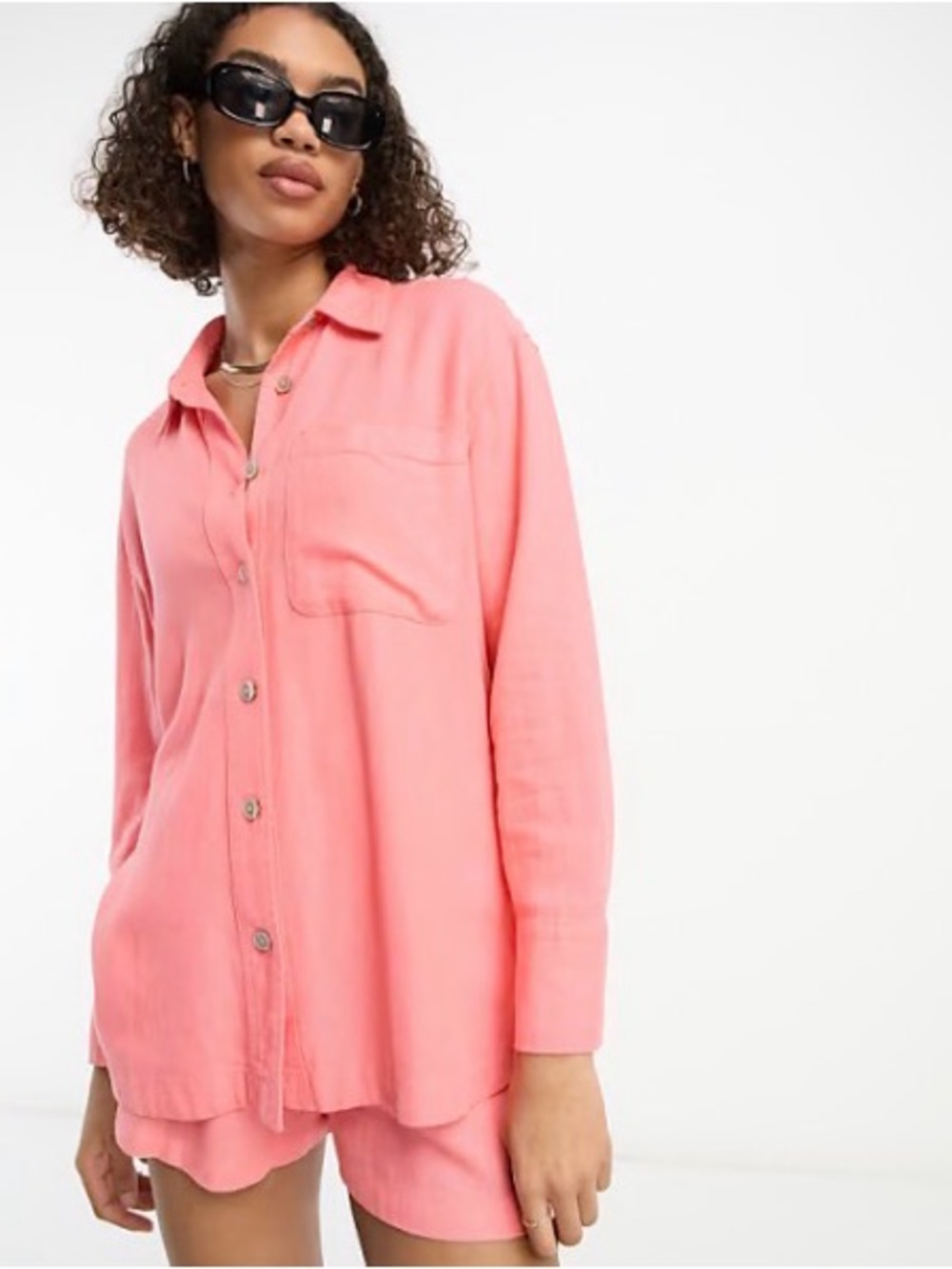 River Island London Linen Coral Button Down Shirt and Shorts set